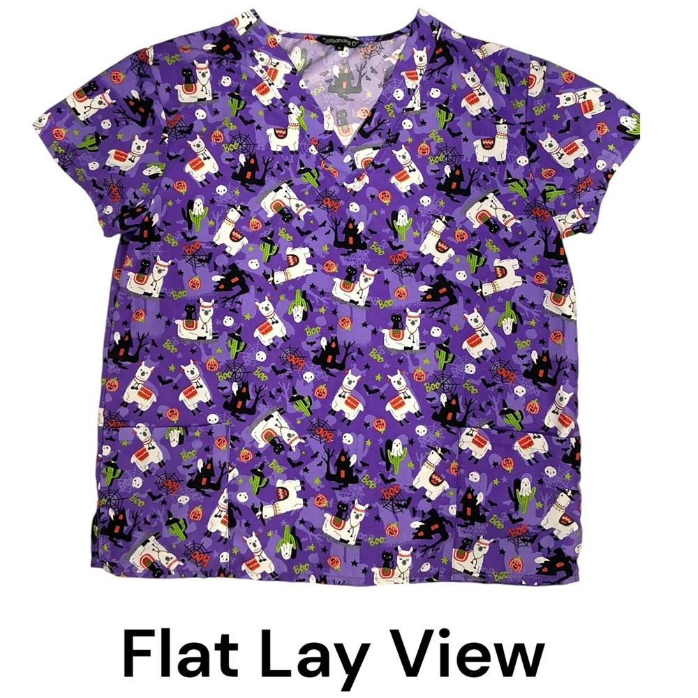 Cassandra O Scrub Top Llama’s Halloween Theme V Neck Short Sleeve Purple XL - Picture 8 of 16